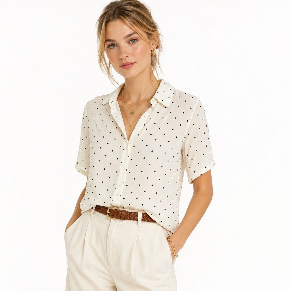 Les Serein Kristine Button Down Shirt XL Off-White Polka Dot NEW